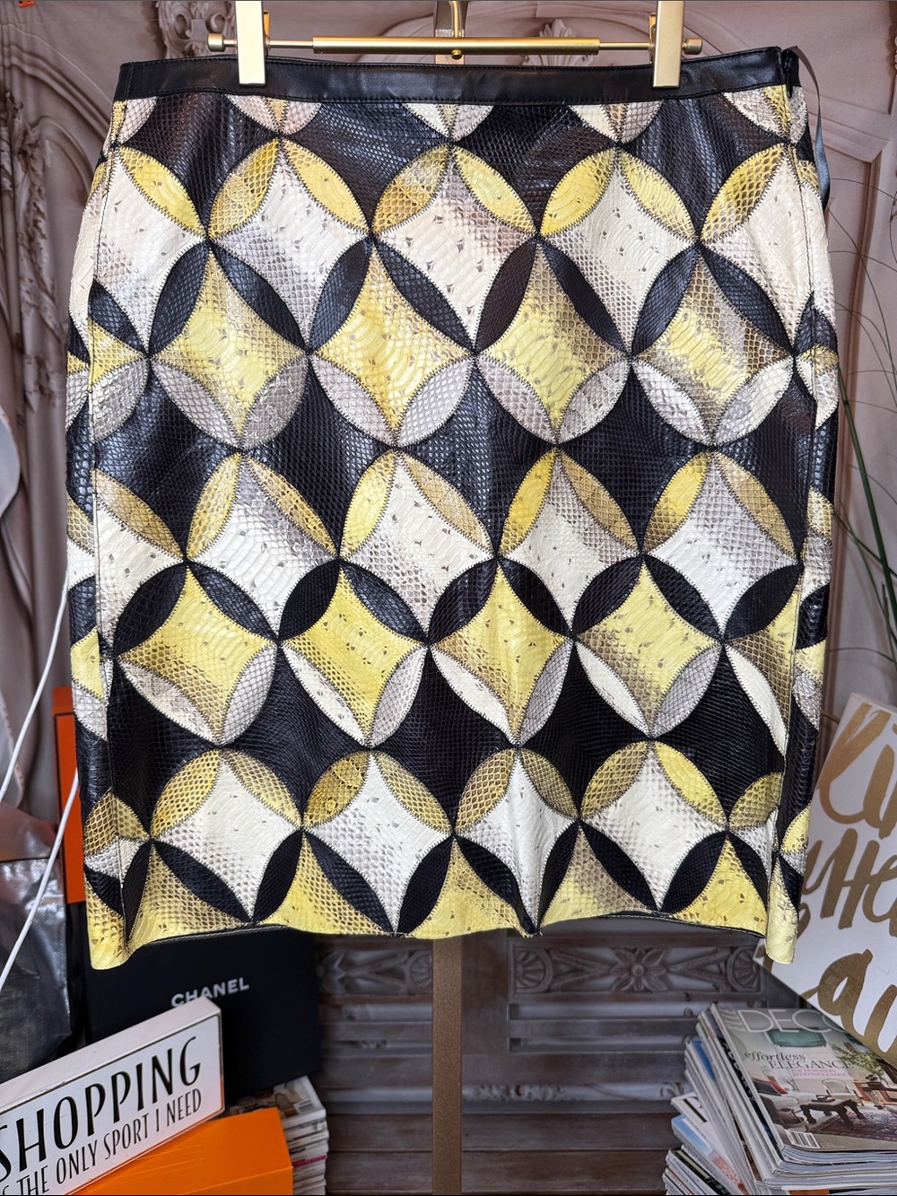 DEREK LAM- Yellow Black White SnakeskinGeometric Leather Mini Skirt